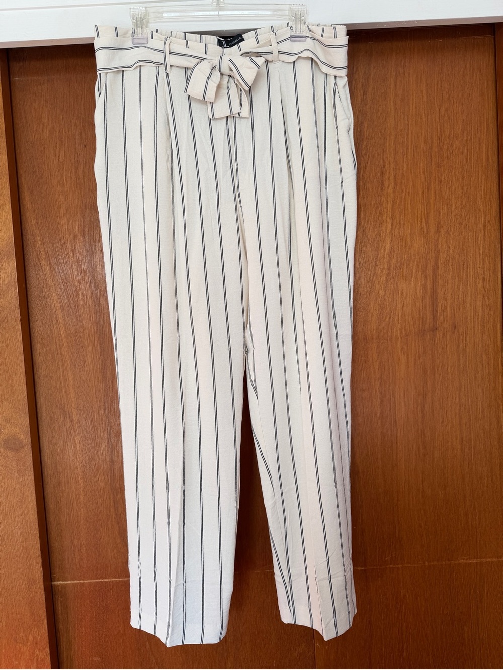 Striped Paperbag Waist Pants - Cream with Black Stripes